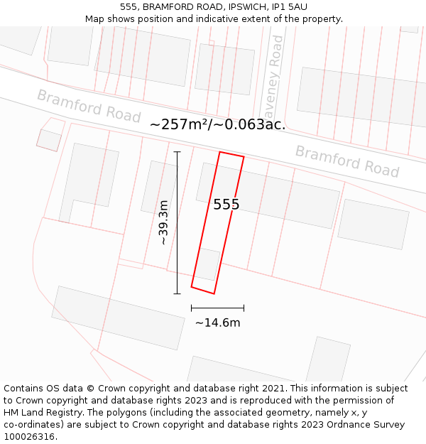 555, BRAMFORD ROAD, IPSWICH, IP1 5AU: Plot and title map
