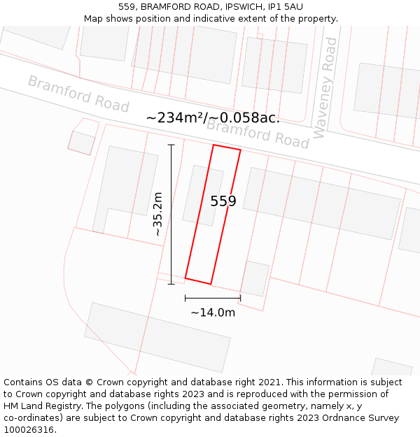 559, BRAMFORD ROAD, IPSWICH, IP1 5AU: Plot and title map