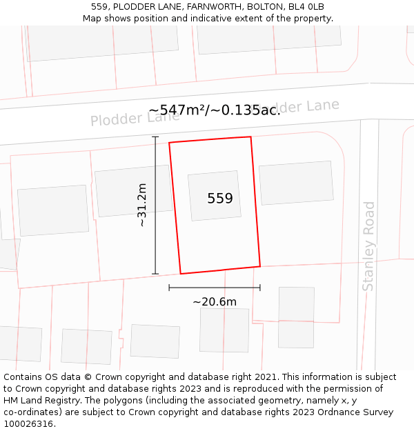 559, PLODDER LANE, FARNWORTH, BOLTON, BL4 0LB: Plot and title map
