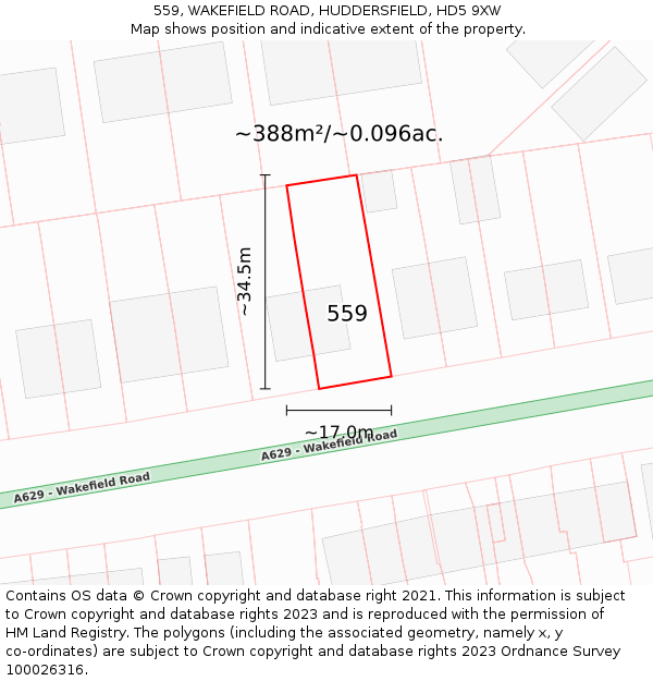 559, WAKEFIELD ROAD, HUDDERSFIELD, HD5 9XW: Plot and title map