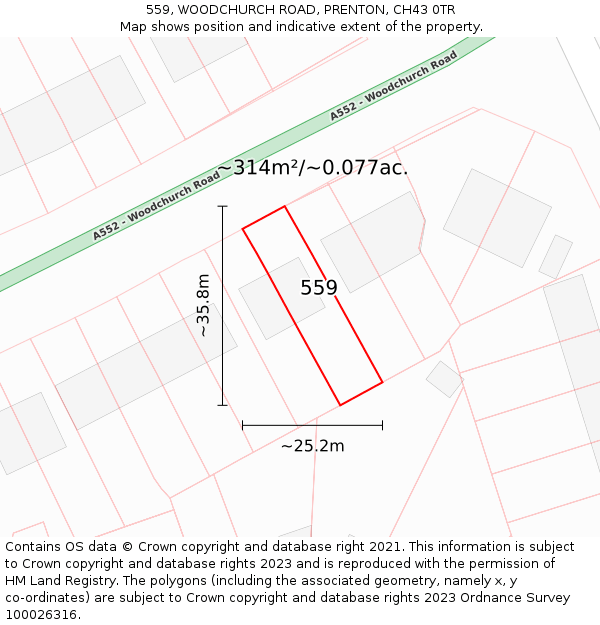 559, WOODCHURCH ROAD, PRENTON, CH43 0TR: Plot and title map