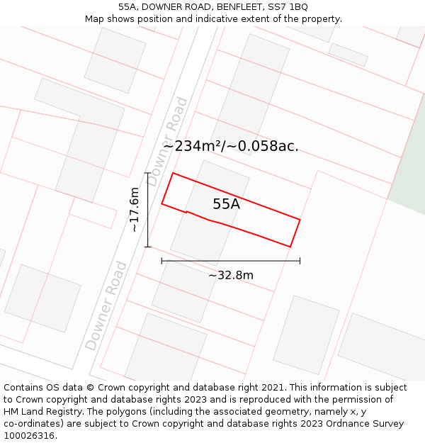55A, DOWNER ROAD, BENFLEET, SS7 1BQ: Plot and title map