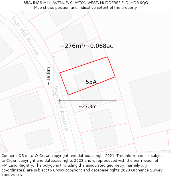 55A, INGS MILL AVENUE, CLAYTON WEST, HUDDERSFIELD, HD8 9QG: Plot and title map