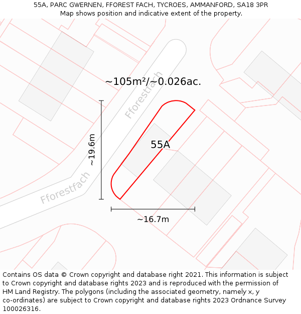 55A, PARC GWERNEN, FFOREST FACH, TYCROES, AMMANFORD, SA18 3PR: Plot and title map