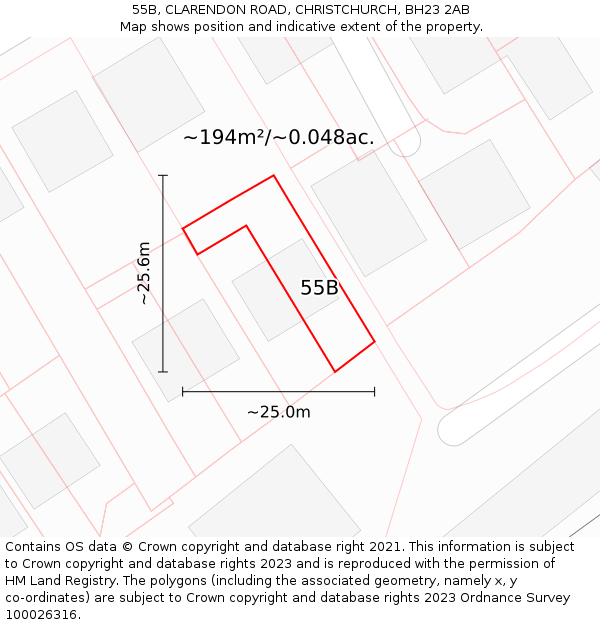 55B, CLARENDON ROAD, CHRISTCHURCH, BH23 2AB: Plot and title map