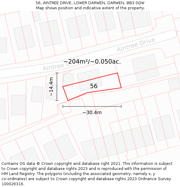 56, AINTREE DRIVE, LOWER DARWEN, DARWEN, BB3 0QW: Plot and title map