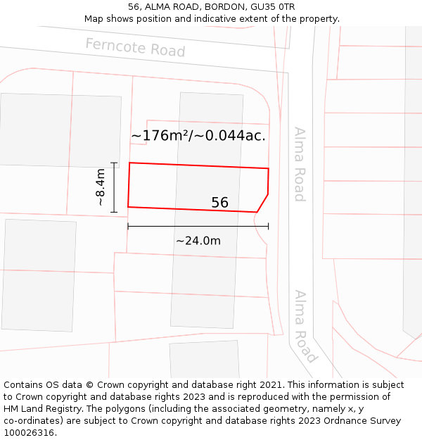 56, ALMA ROAD, BORDON, GU35 0TR: Plot and title map