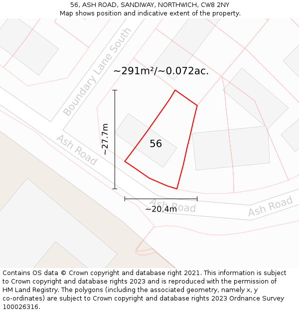 56, ASH ROAD, SANDIWAY, NORTHWICH, CW8 2NY: Plot and title map