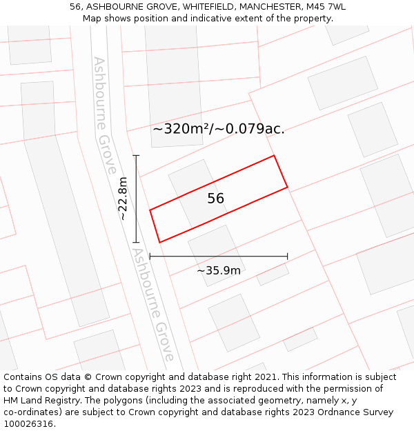 56, ASHBOURNE GROVE, WHITEFIELD, MANCHESTER, M45 7WL: Plot and title map
