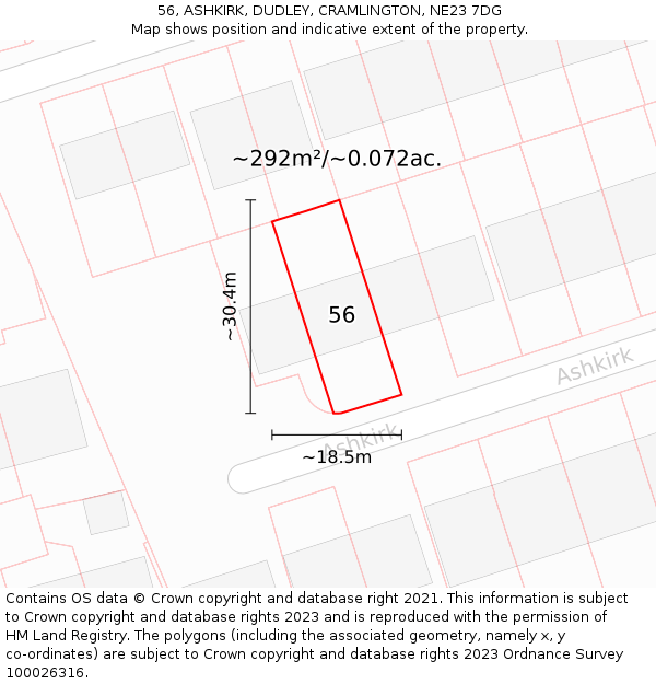 56, ASHKIRK, DUDLEY, CRAMLINGTON, NE23 7DG: Plot and title map