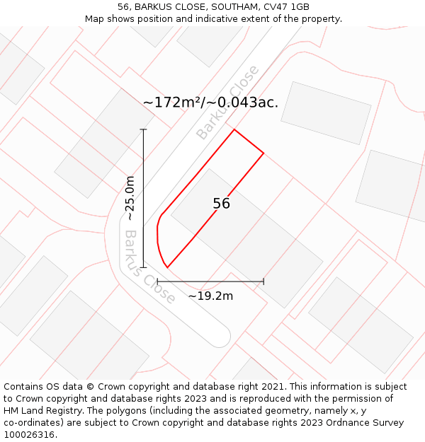 56, BARKUS CLOSE, SOUTHAM, CV47 1GB: Plot and title map