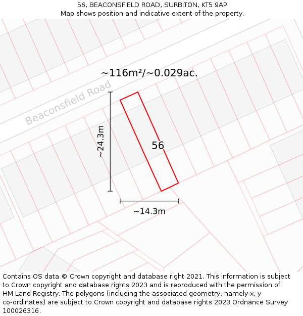 56, BEACONSFIELD ROAD, SURBITON, KT5 9AP: Plot and title map