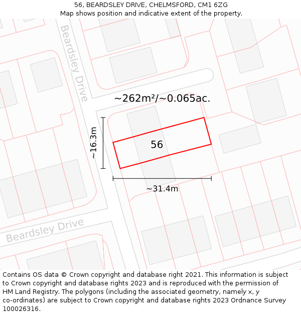 56, BEARDSLEY DRIVE, CHELMSFORD, CM1 6ZG: Plot and title map