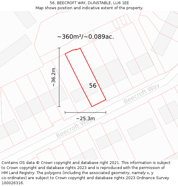 56, BEECROFT WAY, DUNSTABLE, LU6 1EE: Plot and title map