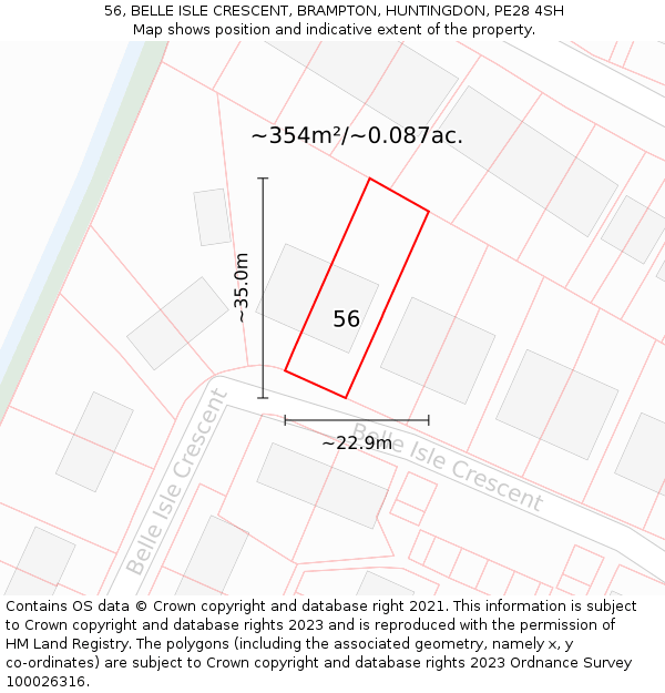 56, BELLE ISLE CRESCENT, BRAMPTON, HUNTINGDON, PE28 4SH: Plot and title map