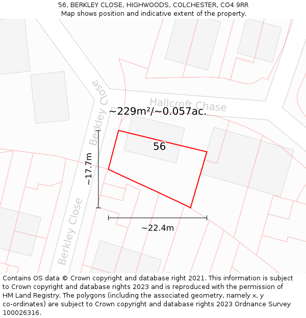 56, BERKLEY CLOSE, HIGHWOODS, COLCHESTER, CO4 9RR: Plot and title map