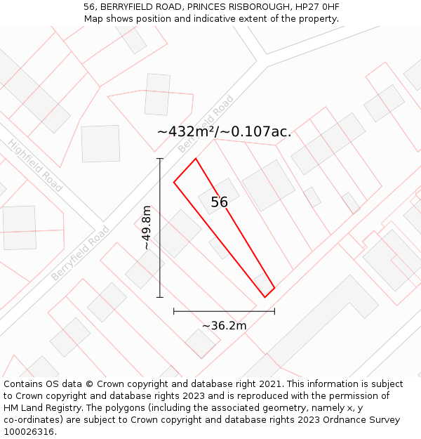 56, BERRYFIELD ROAD, PRINCES RISBOROUGH, HP27 0HF: Plot and title map