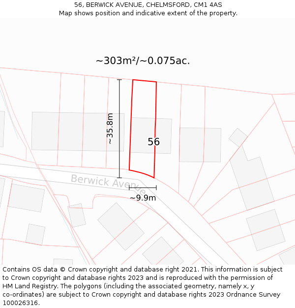 56, BERWICK AVENUE, CHELMSFORD, CM1 4AS: Plot and title map