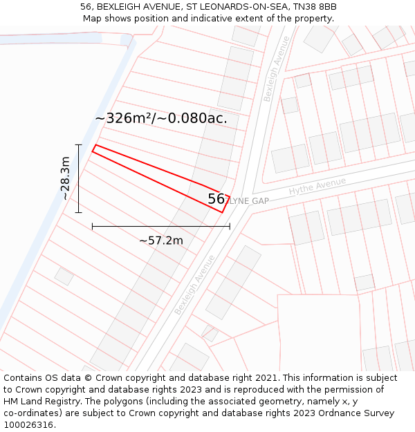56, BEXLEIGH AVENUE, ST LEONARDS-ON-SEA, TN38 8BB: Plot and title map