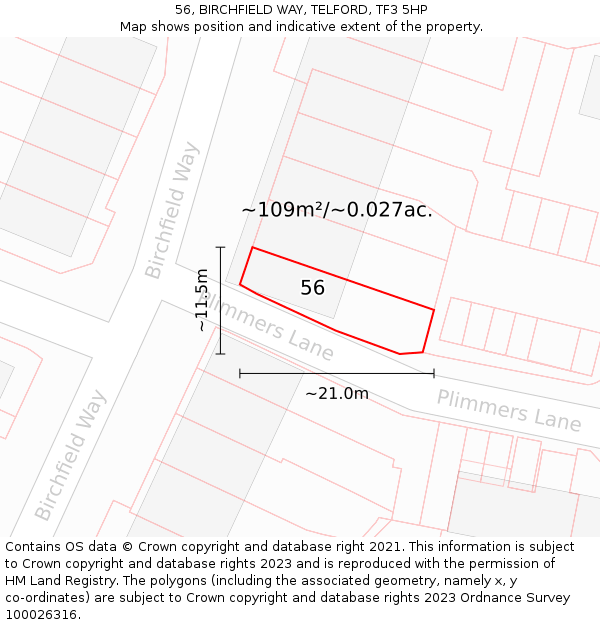 56, BIRCHFIELD WAY, TELFORD, TF3 5HP: Plot and title map