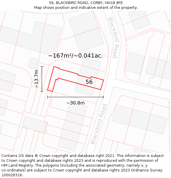 56, BLACKBIRD ROAD, CORBY, NN18 8FE: Plot and title map