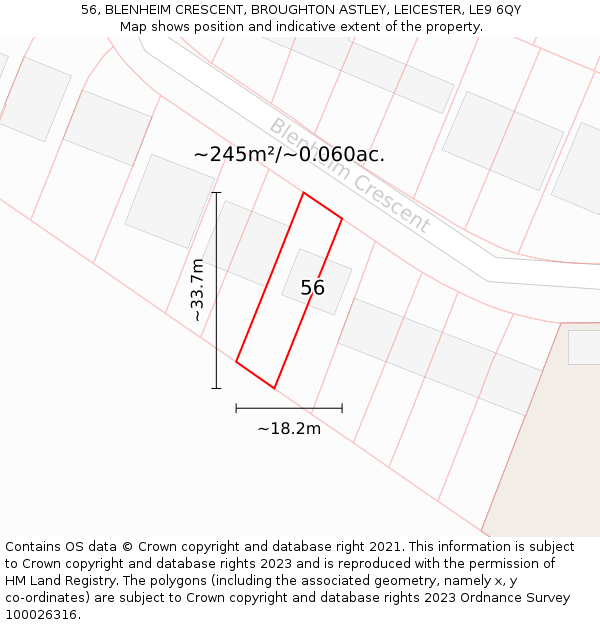 56, BLENHEIM CRESCENT, BROUGHTON ASTLEY, LEICESTER, LE9 6QY: Plot and title map