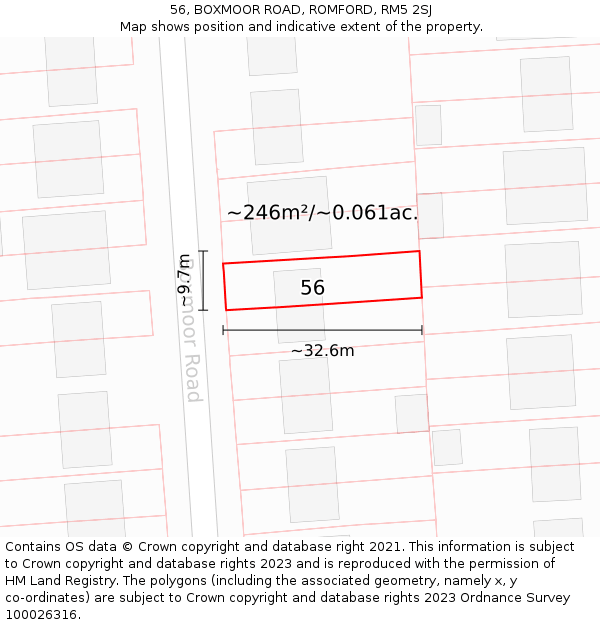 56, BOXMOOR ROAD, ROMFORD, RM5 2SJ: Plot and title map