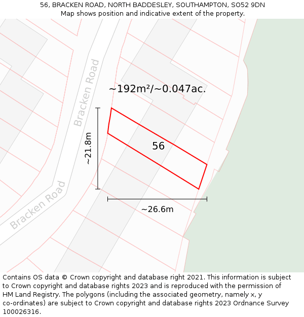 56, BRACKEN ROAD, NORTH BADDESLEY, SOUTHAMPTON, SO52 9DN: Plot and title map