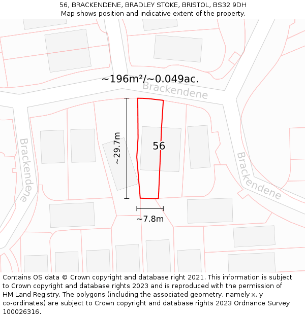 56, BRACKENDENE, BRADLEY STOKE, BRISTOL, BS32 9DH: Plot and title map