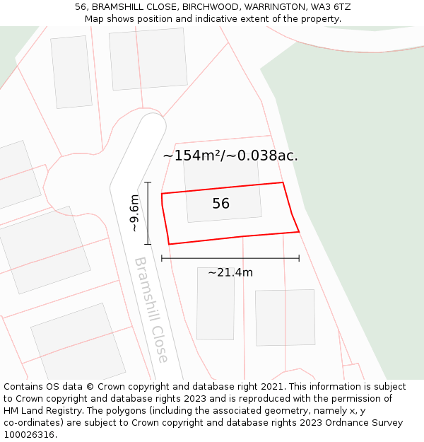 56, BRAMSHILL CLOSE, BIRCHWOOD, WARRINGTON, WA3 6TZ: Plot and title map