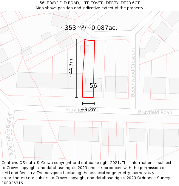 56, BRAYFIELD ROAD, LITTLEOVER, DERBY, DE23 6GT: Plot and title map