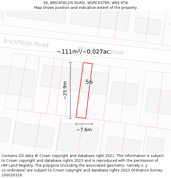 56, BRICKFIELDS ROAD, WORCESTER, WR4 9TW: Plot and title map