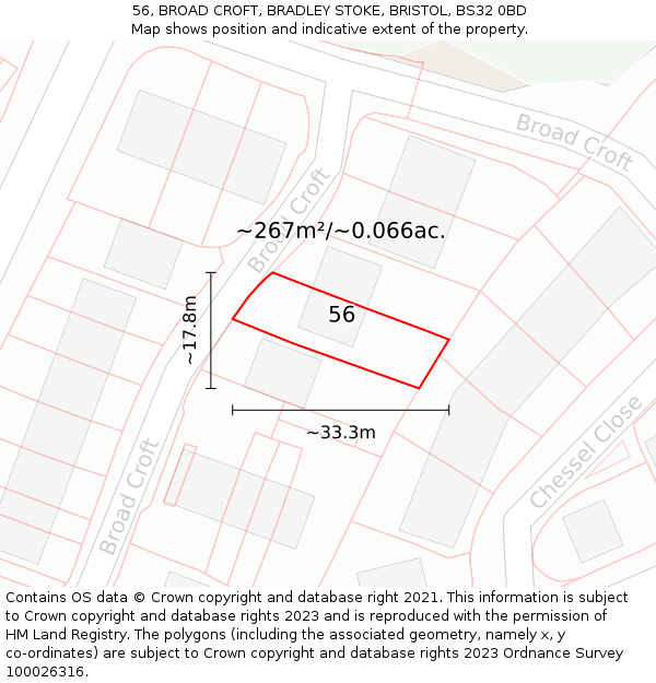 56, BROAD CROFT, BRADLEY STOKE, BRISTOL, BS32 0BD: Plot and title map