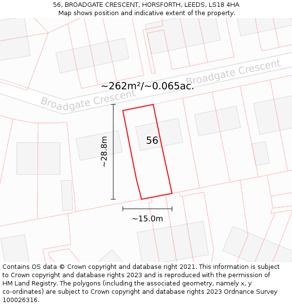 56, BROADGATE CRESCENT, HORSFORTH, LEEDS, LS18 4HA: Plot and title map