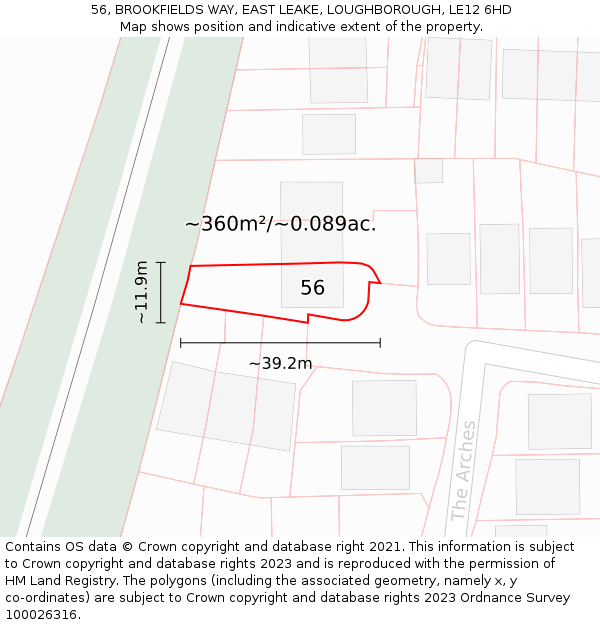 56, BROOKFIELDS WAY, EAST LEAKE, LOUGHBOROUGH, LE12 6HD: Plot and title map