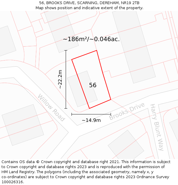 56, BROOKS DRIVE, SCARNING, DEREHAM, NR19 2TB: Plot and title map
