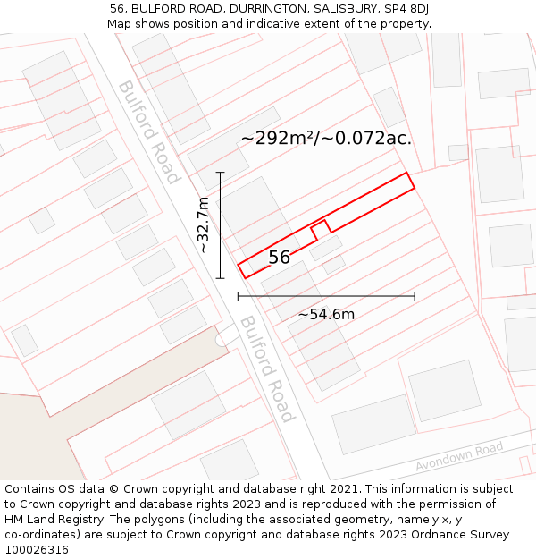 56, BULFORD ROAD, DURRINGTON, SALISBURY, SP4 8DJ: Plot and title map