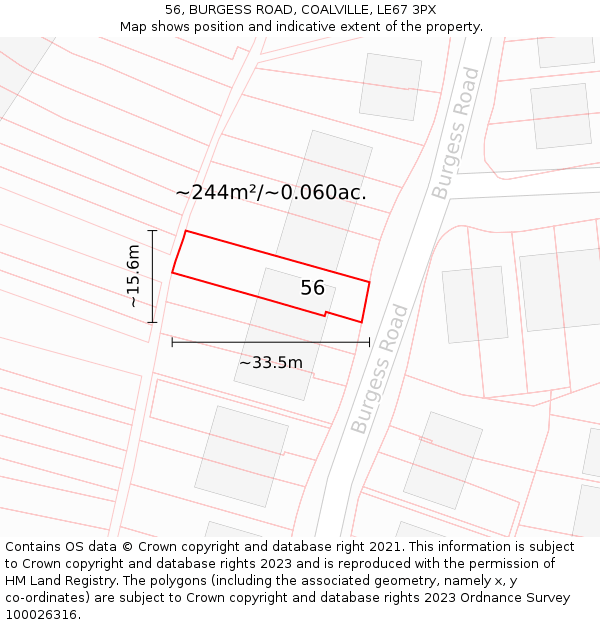 56, BURGESS ROAD, COALVILLE, LE67 3PX: Plot and title map