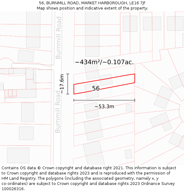 56, BURNMILL ROAD, MARKET HARBOROUGH, LE16 7JF: Plot and title map