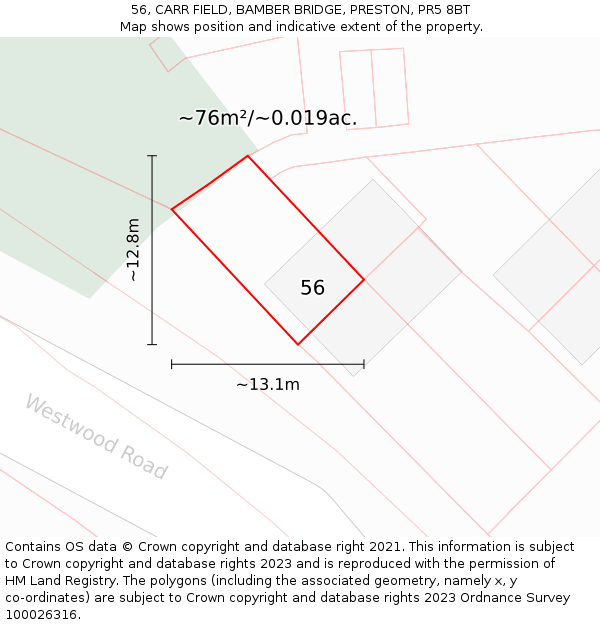 56, CARR FIELD, BAMBER BRIDGE, PRESTON, PR5 8BT: Plot and title map