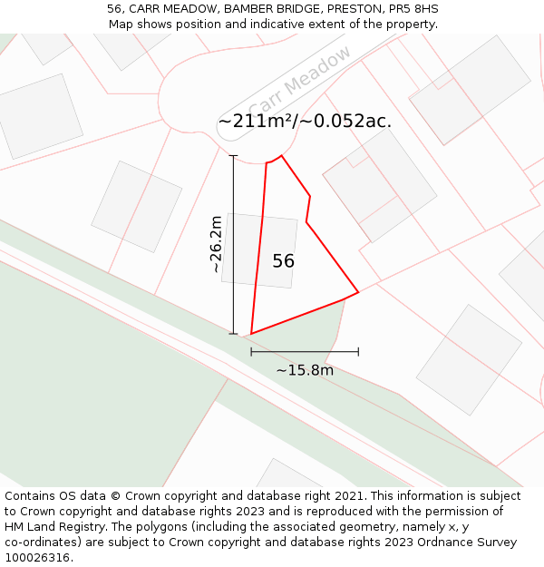 56, CARR MEADOW, BAMBER BRIDGE, PRESTON, PR5 8HS: Plot and title map