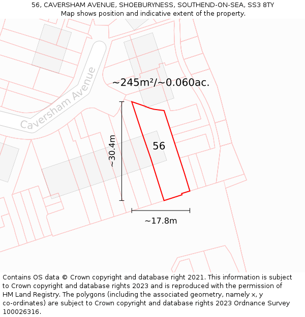 56, CAVERSHAM AVENUE, SHOEBURYNESS, SOUTHEND-ON-SEA, SS3 8TY: Plot and title map