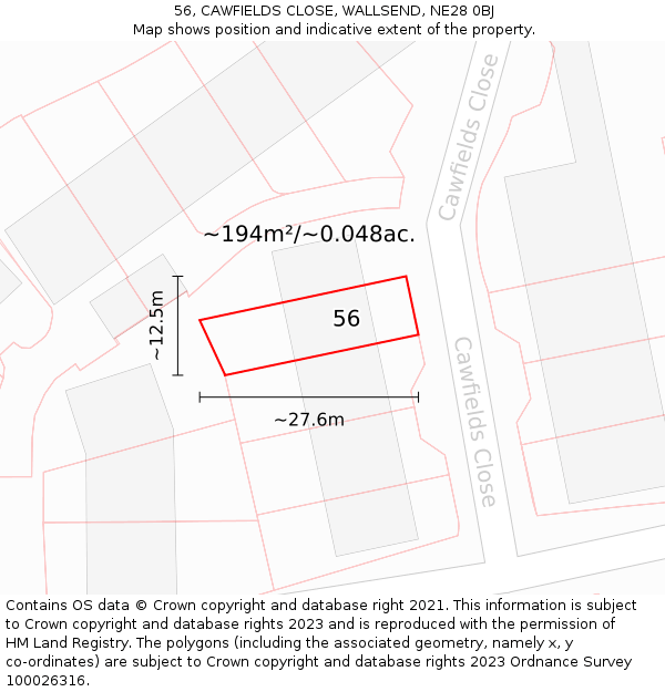 56, CAWFIELDS CLOSE, WALLSEND, NE28 0BJ: Plot and title map