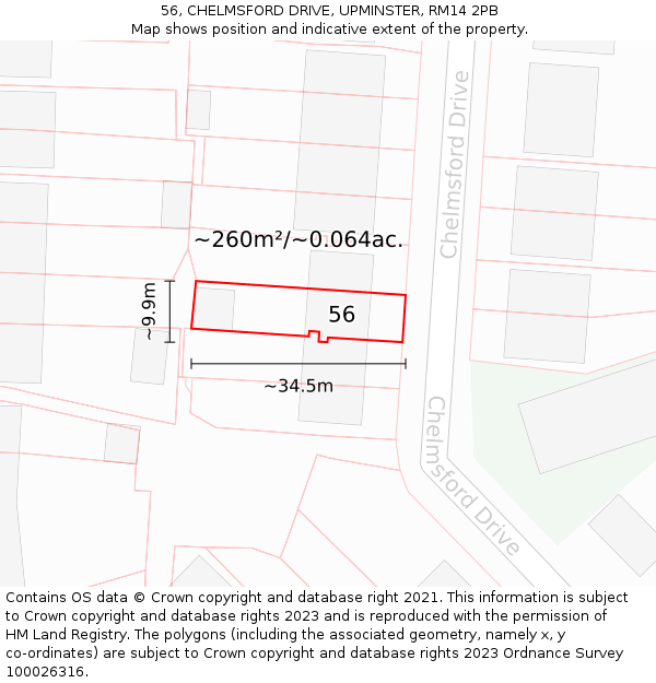 56, CHELMSFORD DRIVE, UPMINSTER, RM14 2PB: Plot and title map