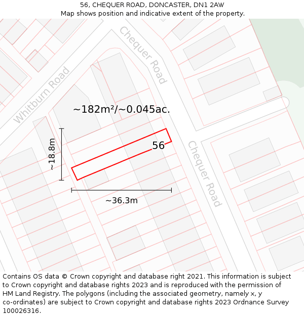56, CHEQUER ROAD, DONCASTER, DN1 2AW: Plot and title map