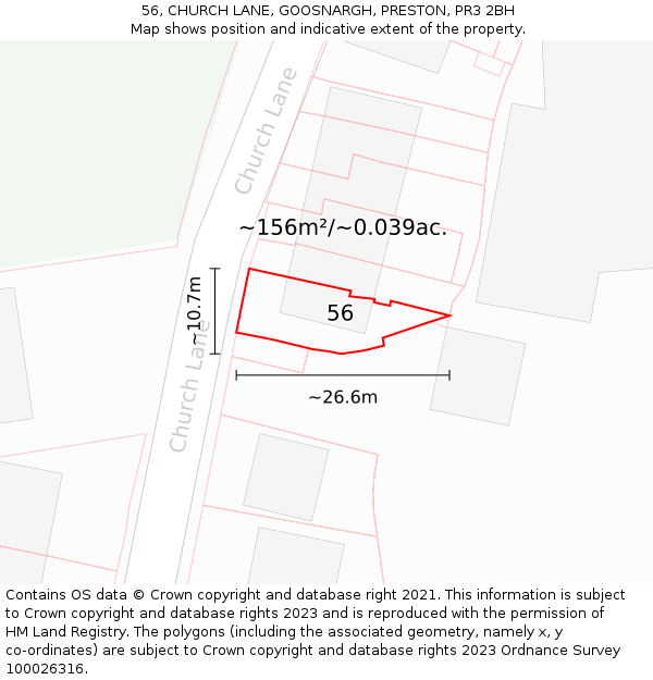 56, CHURCH LANE, GOOSNARGH, PRESTON, PR3 2BH: Plot and title map