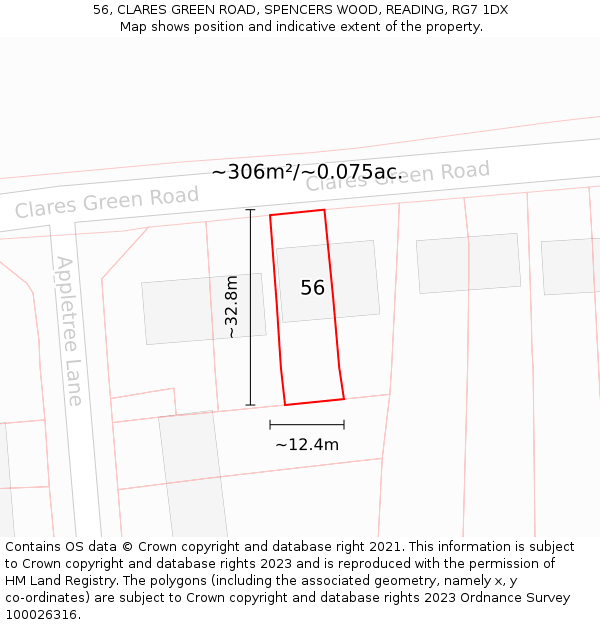 56, CLARES GREEN ROAD, SPENCERS WOOD, READING, RG7 1DX: Plot and title map