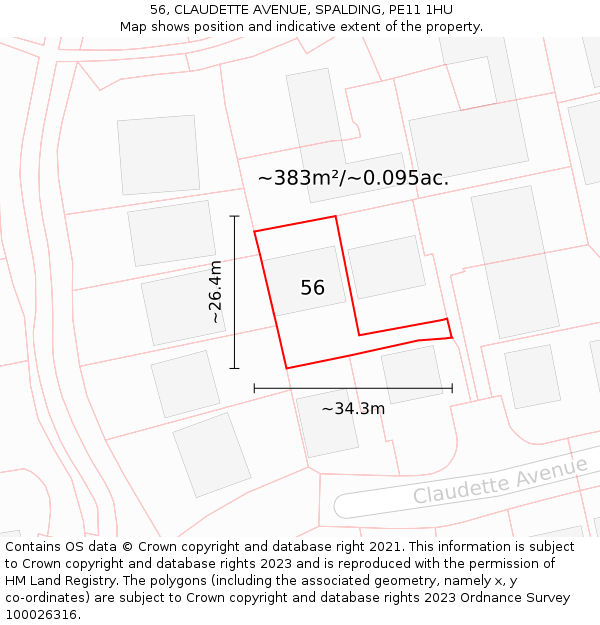 56, CLAUDETTE AVENUE, SPALDING, PE11 1HU: Plot and title map