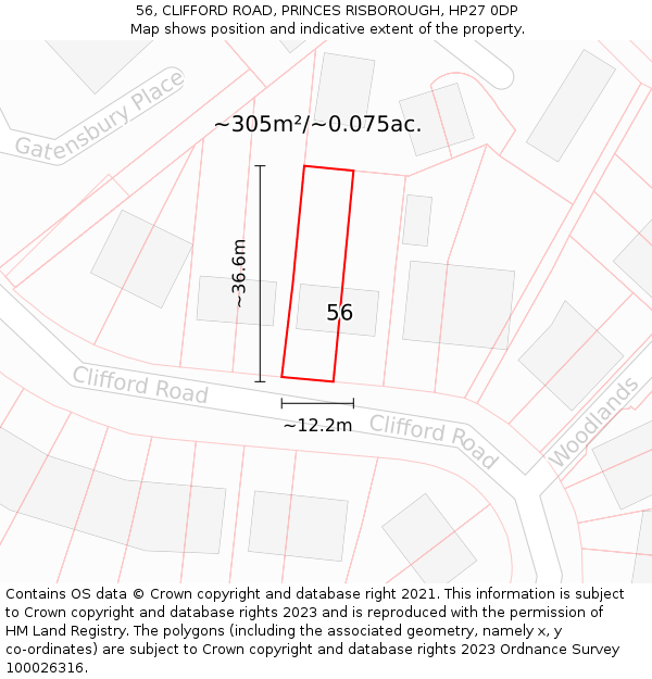 56, CLIFFORD ROAD, PRINCES RISBOROUGH, HP27 0DP: Plot and title map