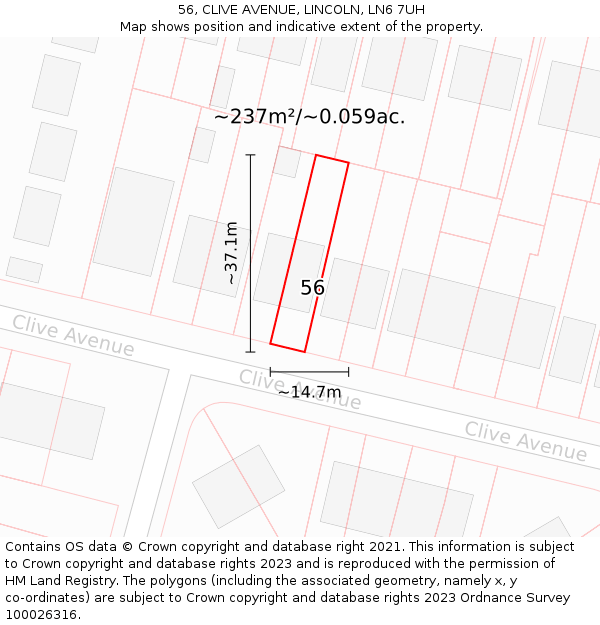 56, CLIVE AVENUE, LINCOLN, LN6 7UH: Plot and title map